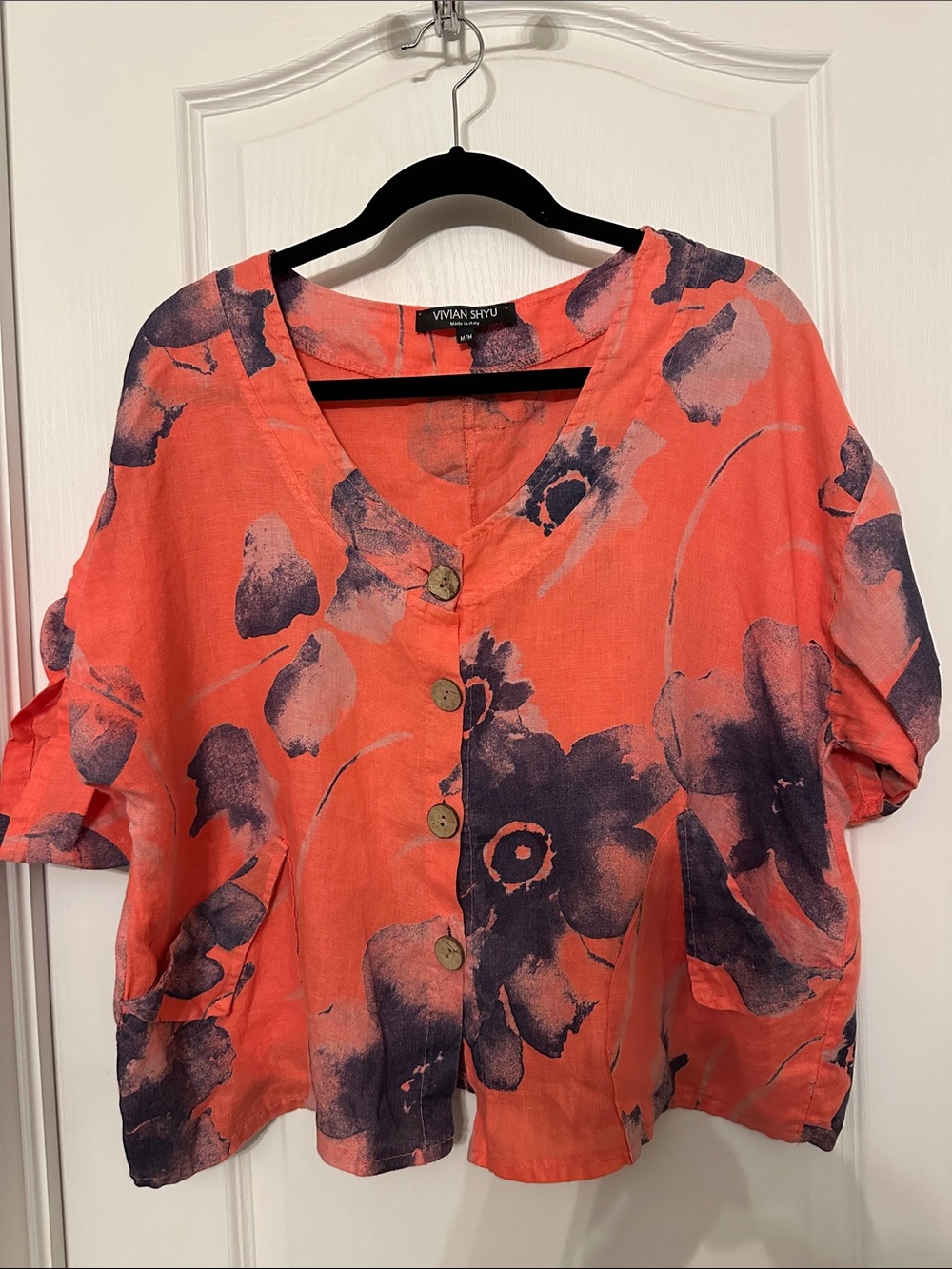 Vivian Shyu Coral Floral Button-Front Linen Top